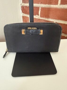 Authentic Prada Black Zip-Around Leather Wallet with Gold Hardware